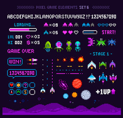 Poster - Pixel arcade game interface elements with icons. Pixel Art Planets, Ufo aliens, space ships, rockets. Vintage 8-bit computer game in 80s -90s style. Retro video game sprites. Vector template