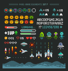 Poster - Pixel space arcade game elements with icons. Pixel Art Planets, Ufo aliens, space ships, rockets. Vintage 8-bit computer game in 80s -90s style. Retro video game sprites. Vector template