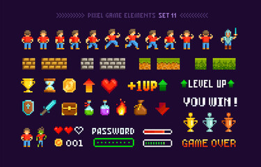 Poster - Retro Pixel Game trophy cups, medals with loot icons and elements for arcade design. Level up with character animation game design. Retro 80s - 90s style video game sprites. Pixel Art Vector template