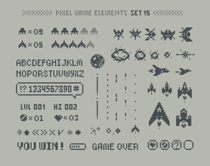 Poster - Pixel Art 8 bit arcade game elements with icons and font alphabet. Ufo aliens, space ships, rockets, . Vintage 8 bit computer game. Retro video game sprites. Pixelated Space arcade. Vector template