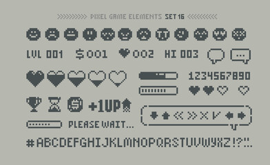 Poster - Pixel Art 8 bit arcade game elements with icons and font alphabet. Pixel health scale, downloading, game menu elements . 80s - 90s style 8-bit computer game. Retro video game sprites. Vector template