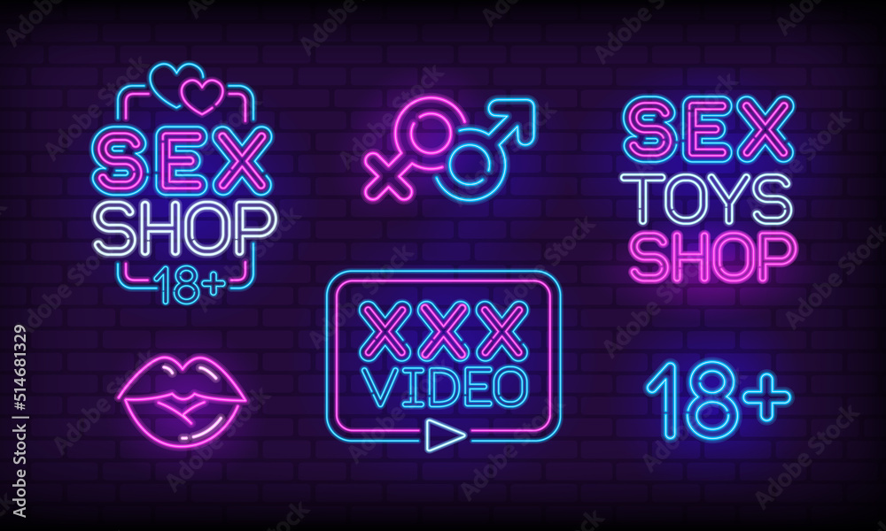 Image vectorielle Stock Neon Sex Toys Shop sings and icons set. Adult Toys Shop logo concept. Neon lamp icon set of lips kiss, 18+, video. Glowing street sign for Sex Shop advertising. Image vectorielle Stock Neon Sex Toys Shop sings and icons set. Adult Toys Shop logo concept. Neon lamp icon set of lips kiss, 18+, video. Glowing street sign for Sex Shop advertising.
