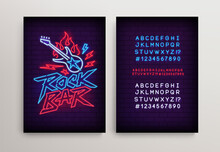 Rock Bar Neon Light Sign With Guitar And Type Font - Editable Vector Poster Template. Neon Tube Letters Design For Rock Music Neon Sign. Neon Font. Rock Party In Retro 80s - 90s Style Lettering