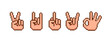 Pixel Art hands icons and symbols. Rock sign gesture. Okay hand gesture. Middle Finger gesture. Retro video game sprite. Vector Pixel graphics for stickers and logo design