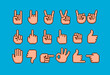 Pixel hand cursors and gesture symbols for retro game. Rock sign gesture. Middle Finger and Forefinger up. Like and Dislike hand symbol. Okay hand gesture. Vector Pixel graphics for 8-bit game design