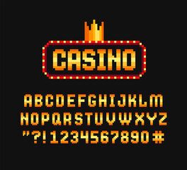 Poster - Pixel Art Casino sign in red frame with crown and golden type font. Pixel graphics Casino font in 8-bit video game style. Pixelated Golden Alphabet. Retro game sprite. Vector illustration