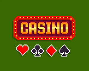 Poster - Pixel Art Casino sign with Board game poker card suits icons set.   Gambling icons vector illustration. Playing cards suits icons. Design for logo, sticker, app. 8-bit video game assets sprite