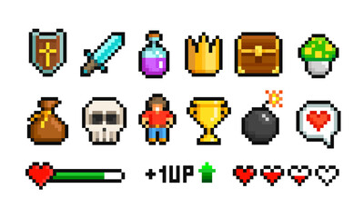 Poster - Vector Pixel Art icons set of 8-bit set of crown, heart, trophy cup, skull etc. Level Up. Pixel loot items award objects for retro video game design. Video game sprite. Isolated on white