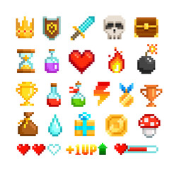 Poster - Vector Pixel Art icons set of 8-bit set of shield, sword, crown, potion, bottle, heart, award, trophy cup. Pixel loot items objects for retro video game design. Video game sprite. Isolated on white