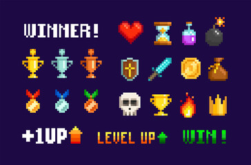 Poster - Pixel Art 8-bit winner trophy cups, medals set for retro game design. Pixel awards icon set. Level up, winner, coin, heart scale. loading bar. Arcade game sprites. Pixel video game interface elements 