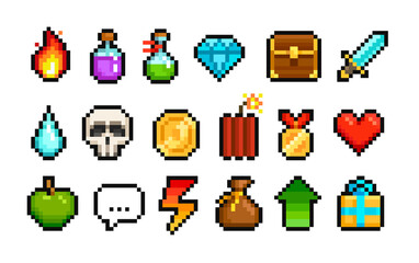 Poster - Vector Pixel Art icons set of 8-bit set of diamond, weapon, heart, fire, skull etc. Level Up. Pixel loot items award objects for retro video game design. Video game sprite. Isolated on white