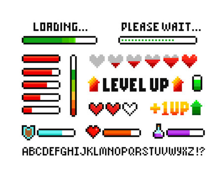 Pixel art 8 bit loading progress bar elements set with health scale hearts for retro video game design. Level Up sign with health loading scale, energy. Arcade video game elements
