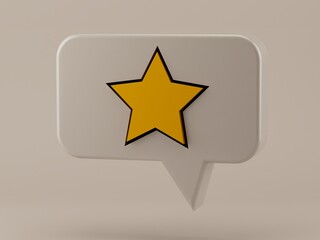 3D image of chat or online message illustration with one big yellow star at the middle. Comment icon on beige background.3d render