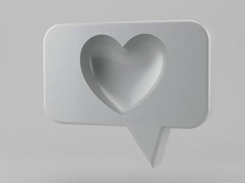 3D image of chat or online message illustration. Comment grey icon with one big interior heart at the middle on grey background.