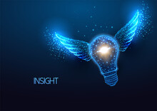 Concept Of Insight, Aha Moment With Flying Lightbulb In Futuristic Glowing Low Poly Style On Blue 