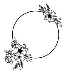 Wall Mural - Line art wildflowers wreath. Outline florals wreath vector illustration