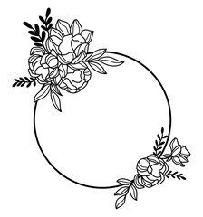 Wall Mural - Outline peony wreath. Line art florals wreath vector illustration