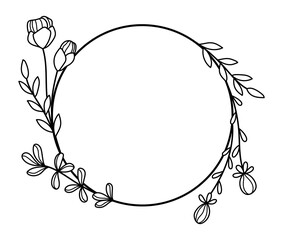 Wall Mural - Outline wildflowers round frame. Line art flowers wreath vector illustration