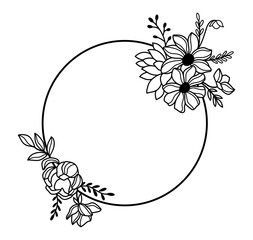 Wall Mural - Line art wildflowers bouquets wreath. Outline florals round frame vector illustration