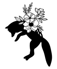 Wall Mural - Wildflowers fox silhouette. Celestial mystical florals wild animal vector illustration