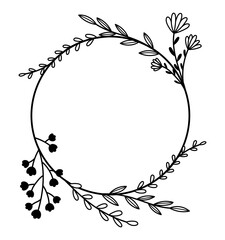 Wall Mural - Wildflowers round frame. Line art flowers wreath vector illustration