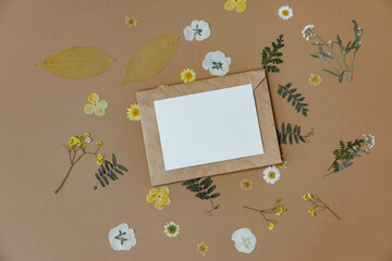 Wall Mural - Flat lay greening card with flowers on neutral background. Women Day on March 8th, Spring or Easter concept. Blogger composition.