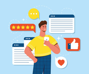 Wall Mural - Organic feedback concept. Guy analyzes information collected in social networks. User opinion, rating and ranking. Modern technologies and digital world, internet. Cartoon flat vector illustration