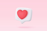 3D social media online platform concept, online social communication on applications, Photo frame with heart and love emoji icon, like and play in red bubble icons. 3d heart vector render concept