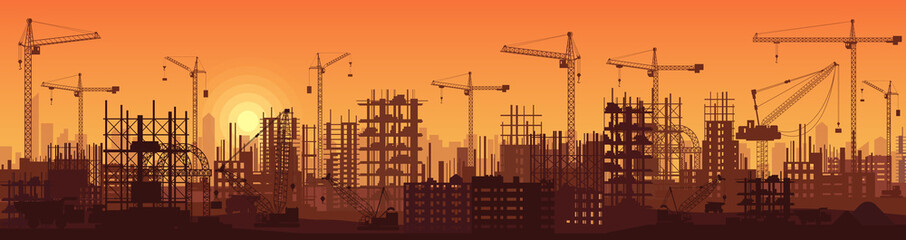 Poster - Construction site with silhouettes of equipment, concrete structures and cranes in sunset urban landscape vector illustration. City development and building process background. Reconstruction concept