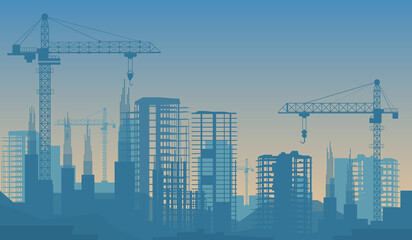 Poster - Blue skyline with modern construction site. Abstract silhouettes of building under reconstruction with scaffolds, new skyscrapers, concrete towers flat vector illustration. City development concept