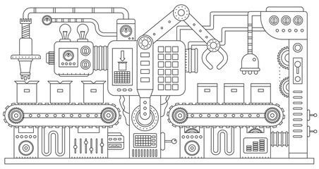 Aufkleber - Industry production, manufacture and conveyor machines thin line infographic vector illustration. Abstract factory assembly chain, automatic machinery for moving boxes and distribution operation