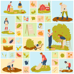 Farm food production, farmers set vector illustration. Cartoon woman and man workers picking fruit in orchard, feeding chicken, people growing vegetables in geometric square collage background