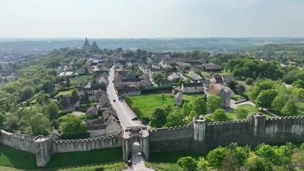 Canvas Print - Aerial view of Provins medieval walled town in France surrounded by yellow flowers