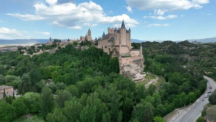 Wall Mural - Aerial footage of Segovia old town with views of the Alcazar, Cathedral, medieval city walls