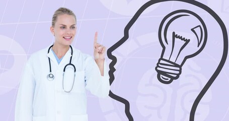 Sticker - Animation of caucasian female doctor and head with light bulb icon over data processing