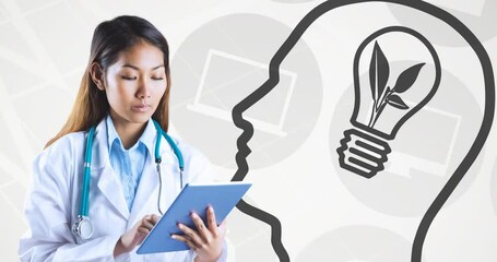 Sticker - Animation of asian female doctor and head with light bulb icon over icons