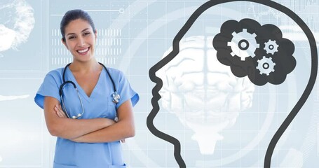 Poster - Animation of biracial female doctor and head with light bulb icon over data processing