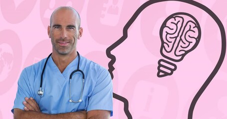 Poster - Animation of biracial male doctor and head with light bulb icon over icons