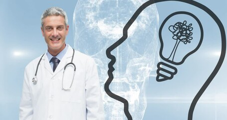 Wall Mural - Animation of caucasian male doctor and head with light bulb icon over digital skull