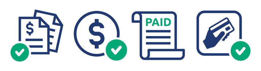 Poster - Paid icon vector set illustration. Dollar payment symbol with document and check sign.