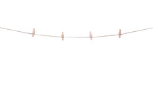 Four Wood Clothes Pegs Patterns Hanging On Brown String Isolated On White Background , Clipping Path