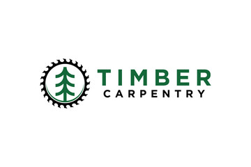 Timber carpentry logo design pine tree with circular saw element simple minimalist icon symbol logging