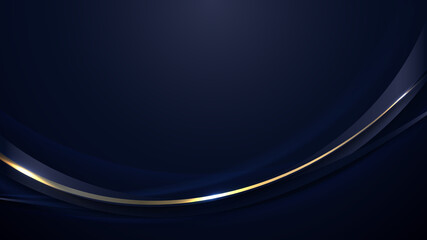 Banner web template abstract blue and golden curved lines overlapping layer design on dark blue background