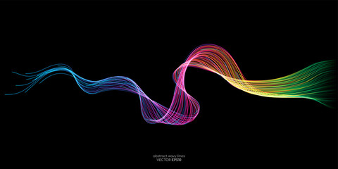 Abstract vector colorful spectrum light wave lines flowing isolated on black background.
