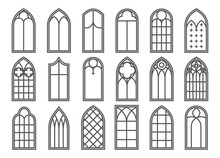 Church Medieval Windows Set. Old Gothic Style Architecture Elements. Vector Outline Illustration On White Background.