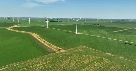 Wall Mural - Aerial view above white Wind Power Farm located on green agriculture corn field. Sunny day with blue sky