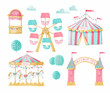 Amusement park set. Carousel with horses, ferris wheel, circus tent, ticket booth. Cute cartoon style. White background. Stock illustration.