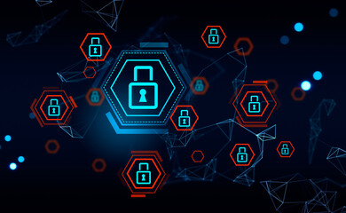 Poster - Cybersecurity circuit and padlock with digital lines, data protection