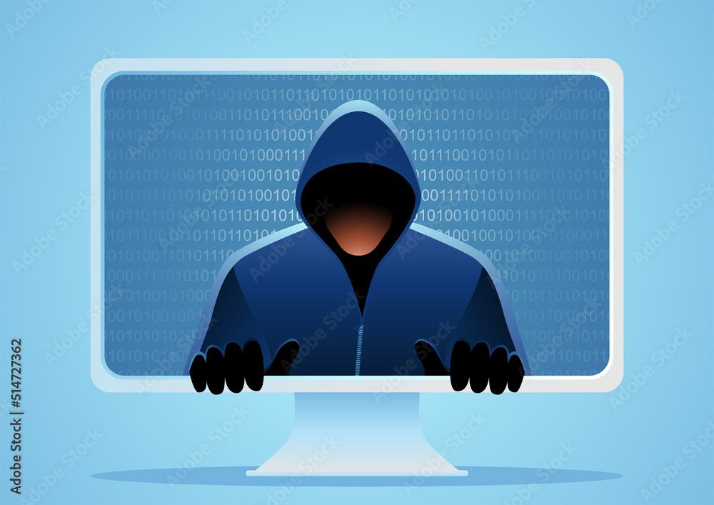 Hacker comes out of a computer screen