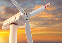 Wind Energy. Wind Turbine Before Sunset. Getting Electricity From Renewable Sources. Eco Friendly Power Plant. Fragments Of Weed Power Plant. Energy Of Future Concept. Windmill Closeup. 3d Rendering.